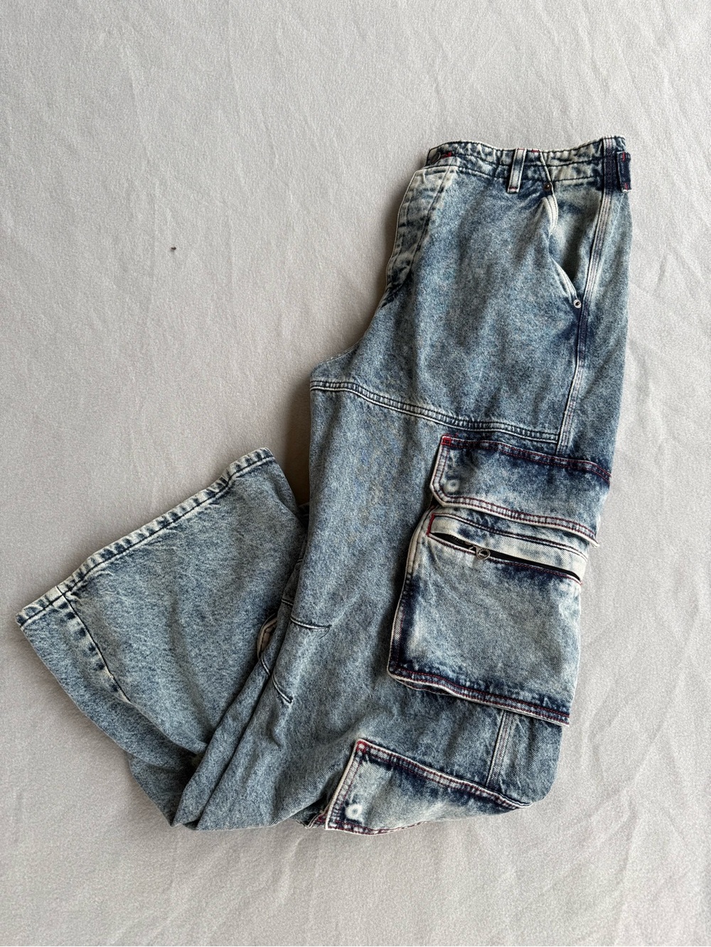 Diesel 1996 D-Sire Wide Leg Cargo Jeans Women Sz 29 Acid Wash Blue Streetwear